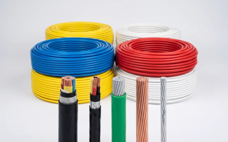 Cable cross-sections standing in front of coils of insulated cable