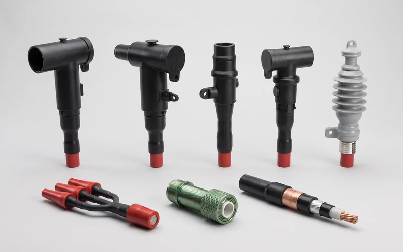 Separable elbow connectors, a three-core termination, a surge arrester and a prepared cable end