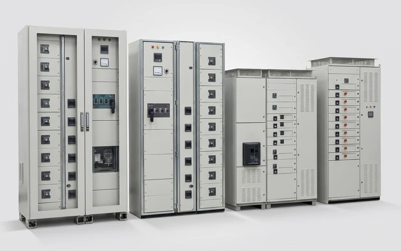 A lineup of distribution and switchgear cubicles with breaker arrays, meters and indicator lamps